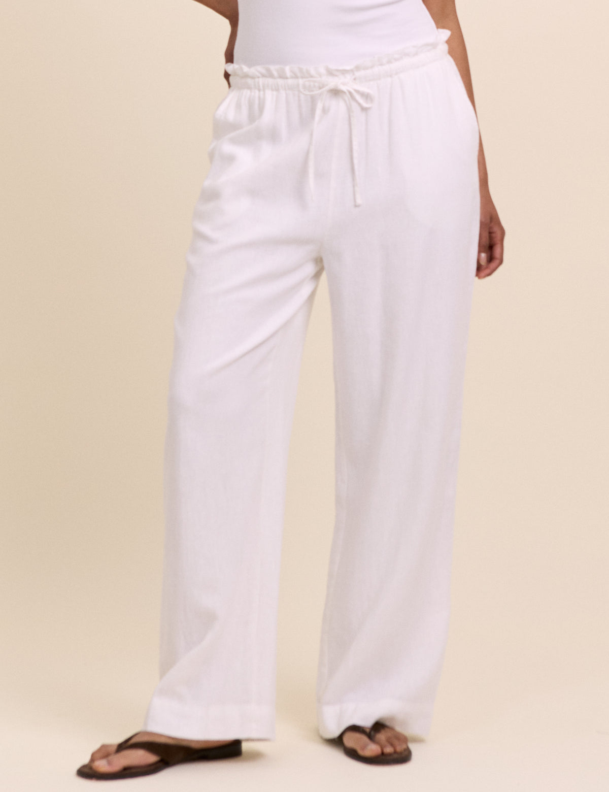 White Linen-Blend Straight Leg Trousers