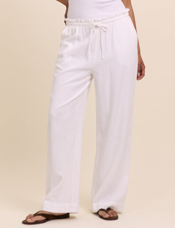 White Linen-Blend Straight Leg Trousers