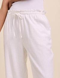 White Linen-Blend Straight Leg Trousers