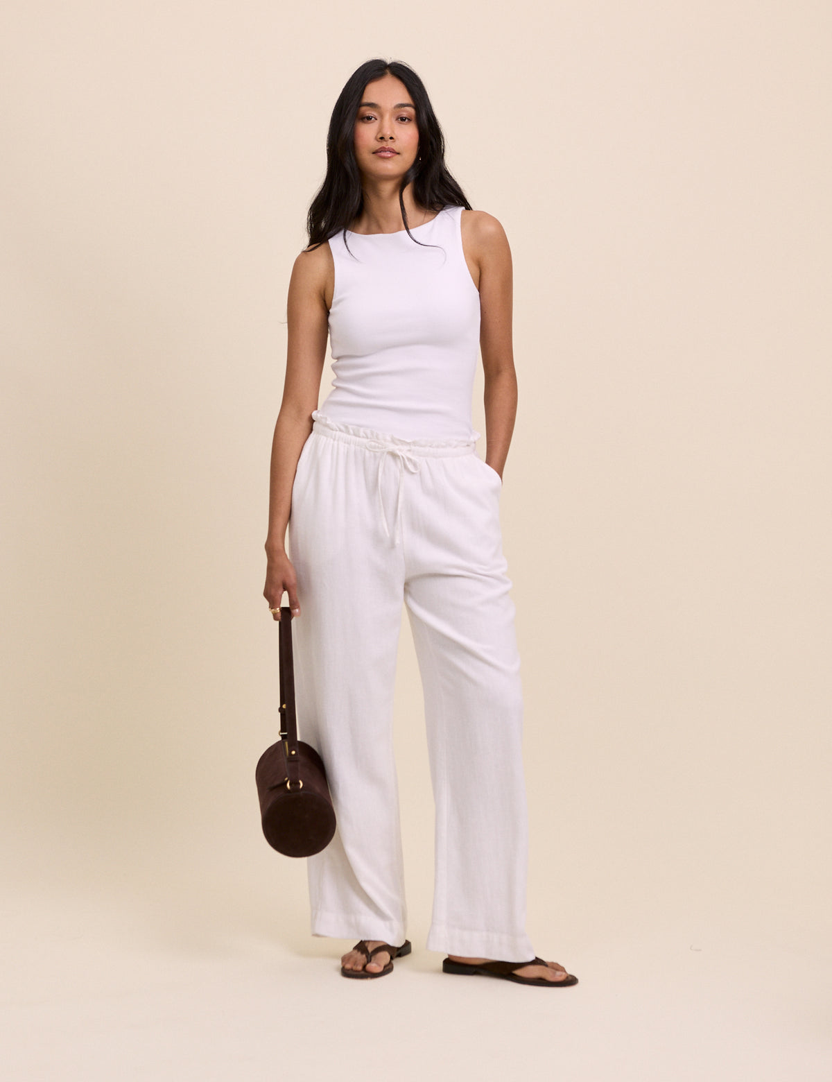 White Linen-Blend Straight Leg Trousers