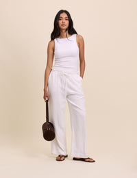 White Linen-Blend Straight Leg Trousers