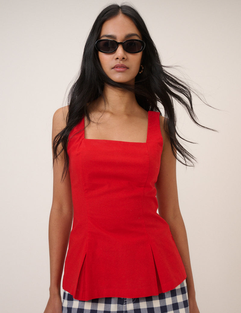 Red Square Neck Waistcoat Top