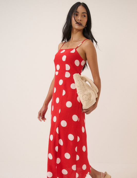 linen blend polka dot midi dress LINEN BLEND POLKA DOT MIDI DRESS - 930
