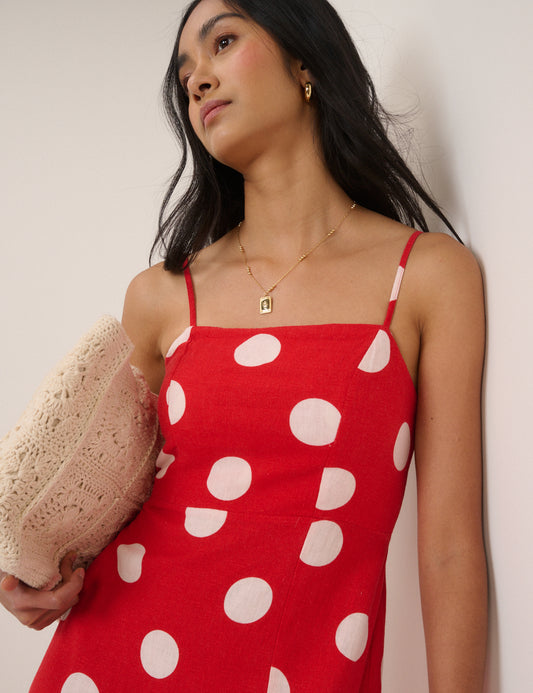 linen blend polka dot midi dress Red Polka Dot Linen-Blend Maddy Midi Dress