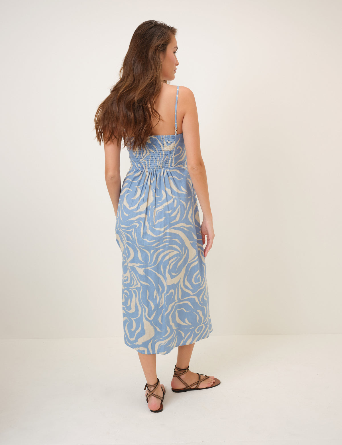 Blue Printed Linen-Blend Maddy Midi Dress