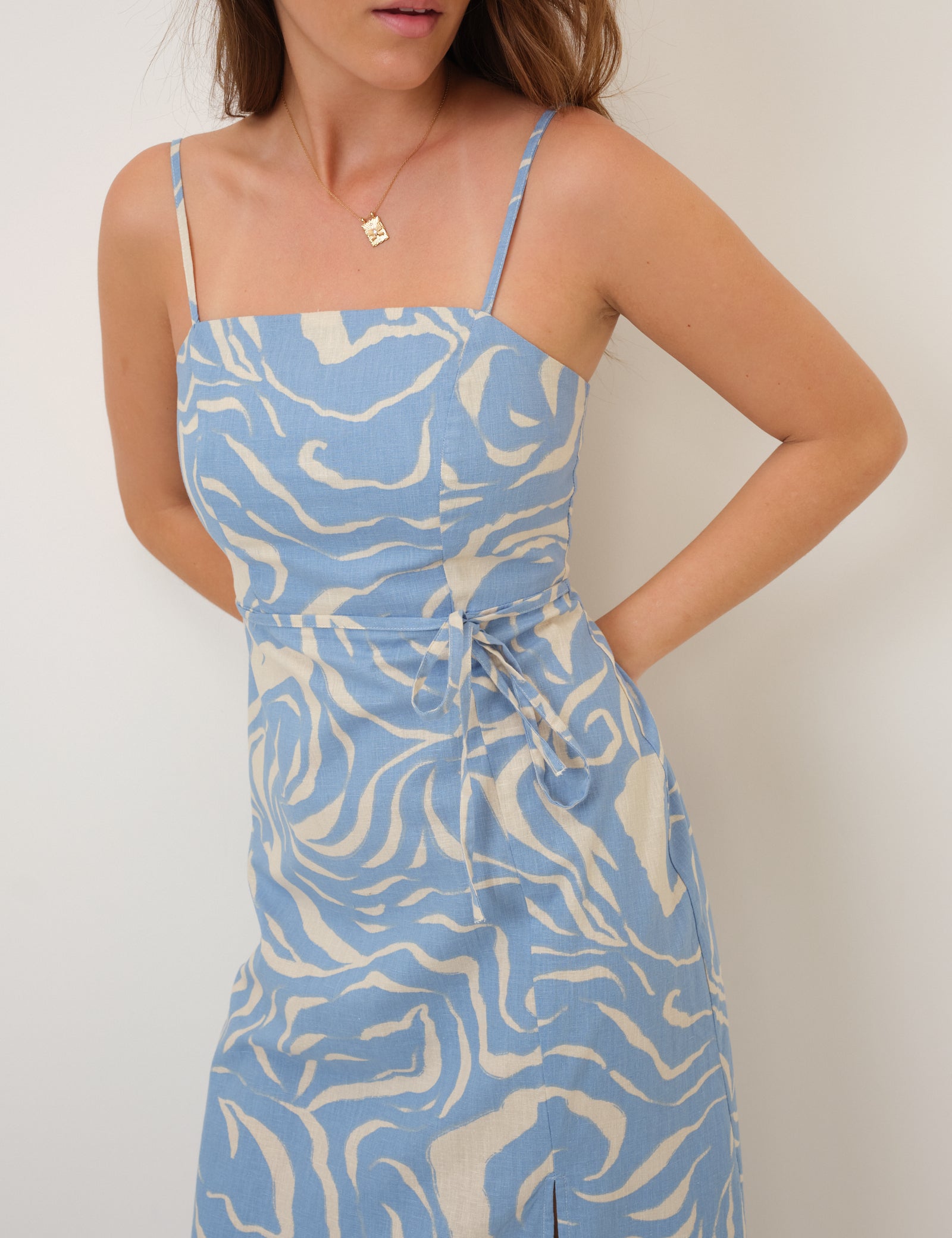 Blue Printed Linen-Blend Maddy Midi Dress Blue Printed Linen-Blend Maddy Midi Dress