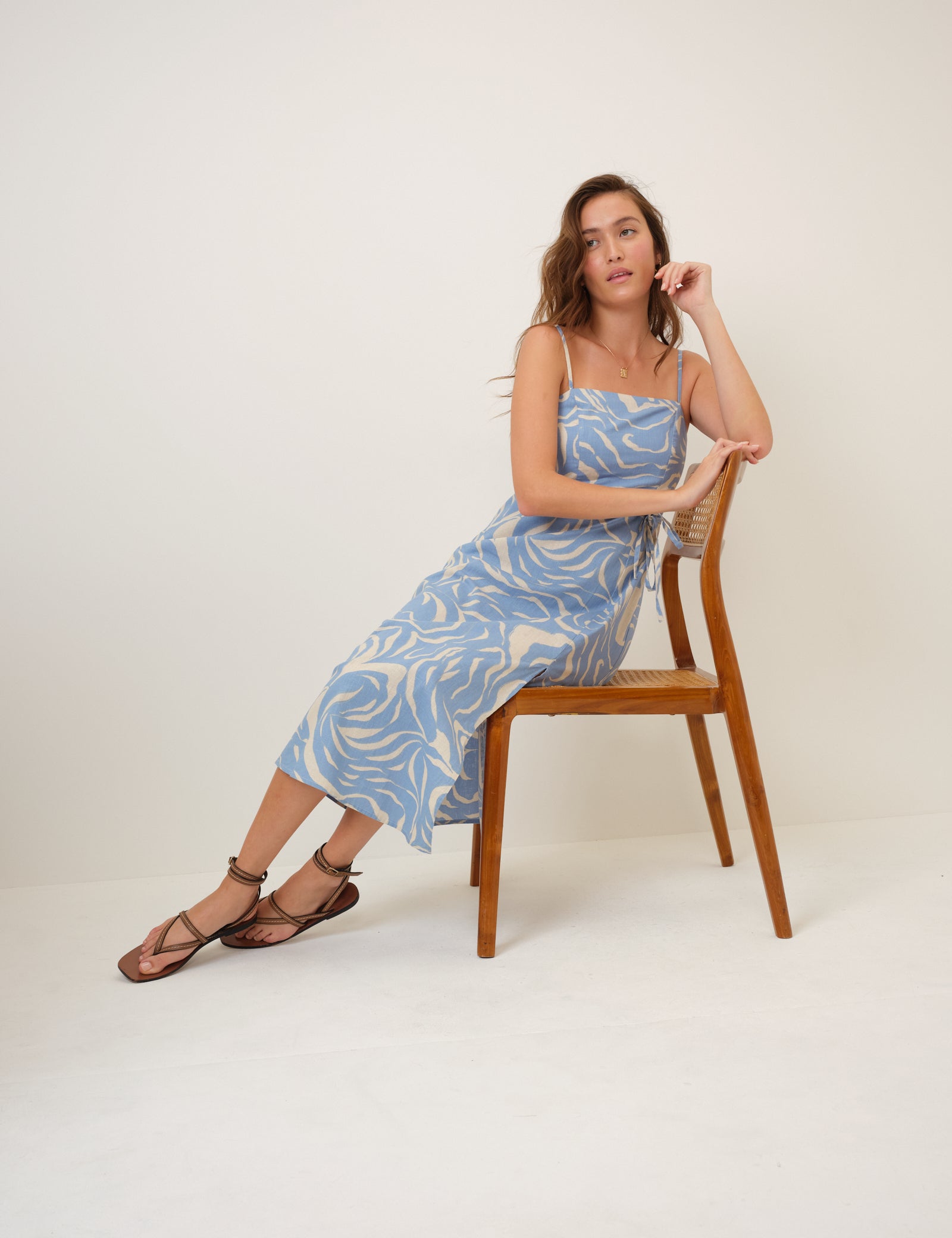Blue Printed Linen-Blend Maddy Midi Dress Blue Printed Linen-Blend Maddy Midi Dress