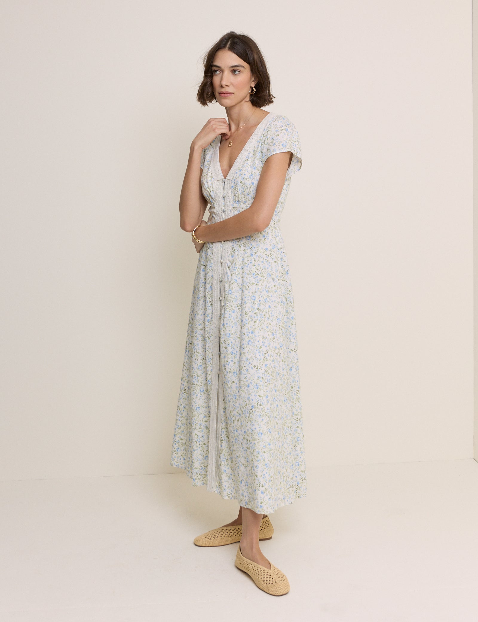 White Ditsy Floral Emma Midi Dress