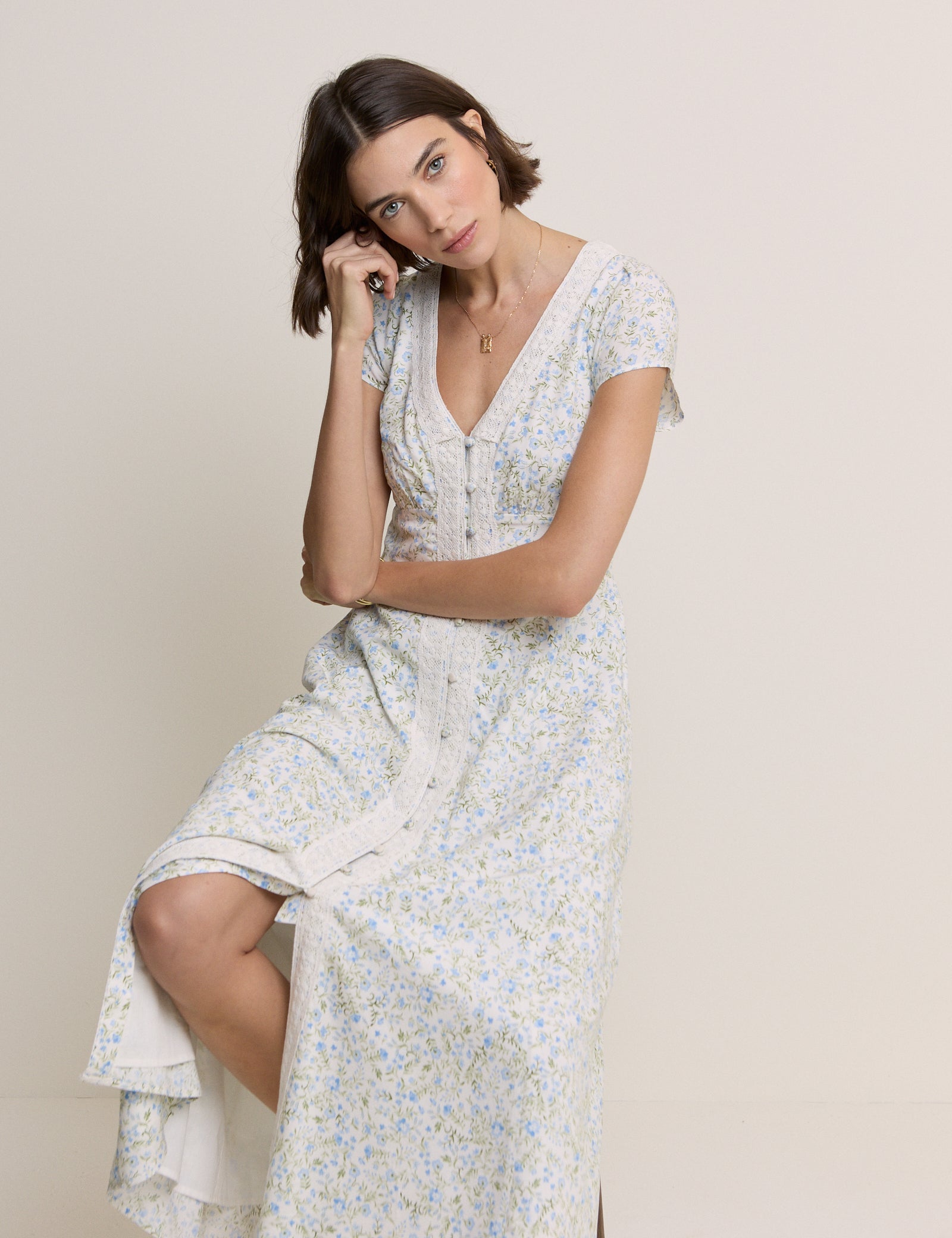 White Ditsy Floral Emma Midi Dress White Ditsy Floral Emma Midi Dress