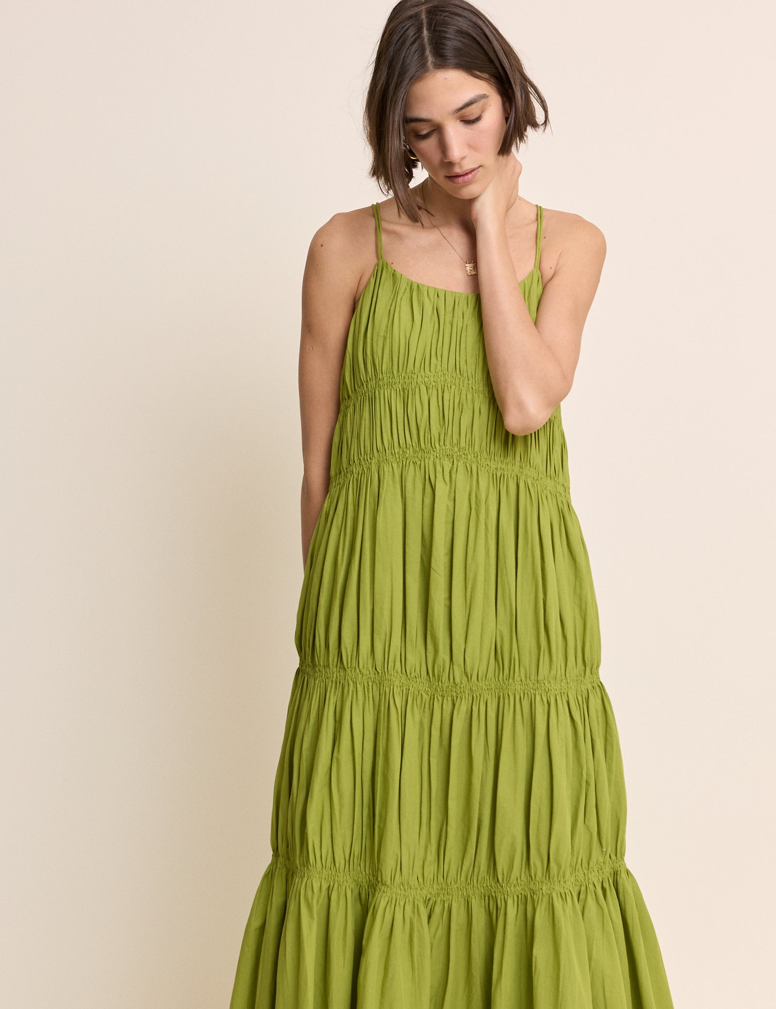 Green Ruched Tiered Daphne Maxi Dress