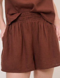 Brown Linen-Blend Elasticated Waist Shorts