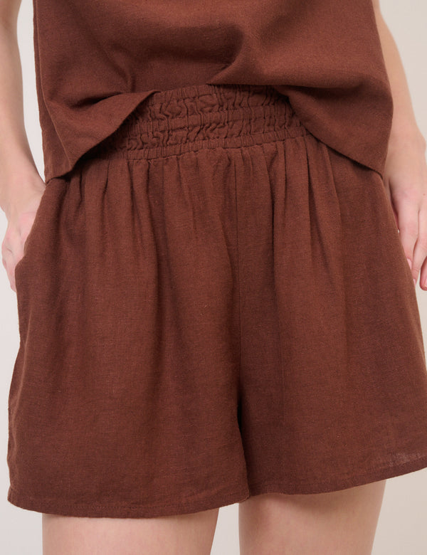 Brown Linen-Blend Elasticated Waist Shorts
