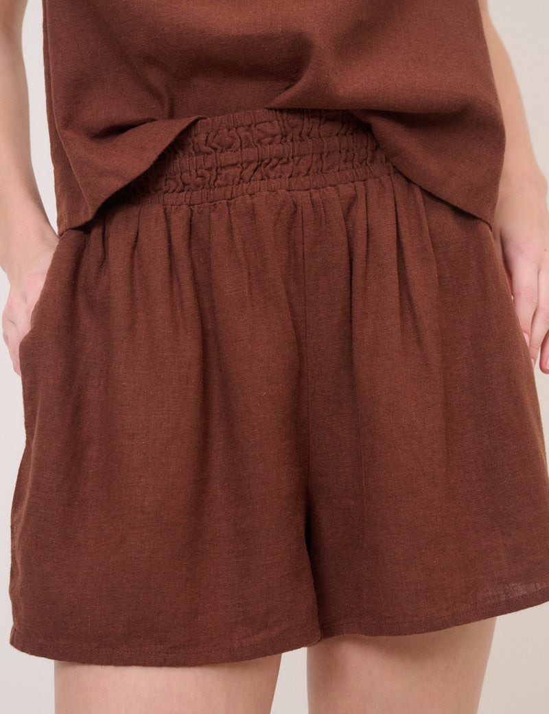 Brown Linen-Blend Elasticated Waist Shorts
