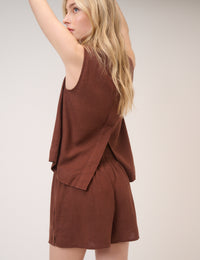 Brown Linen-Blend Elasticated Waist Shorts