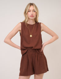 Brown Linen-Blend Elasticated Waist Shorts