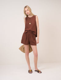 Brown Linen-Blend Elasticated Waist Shorts