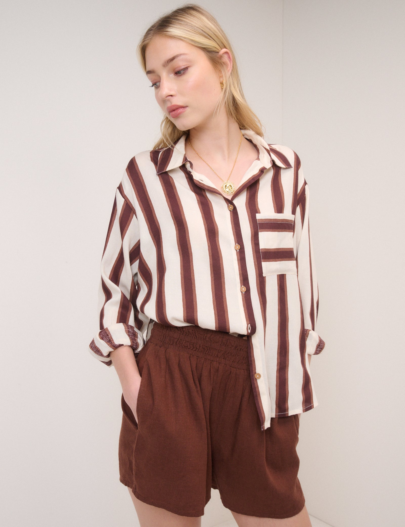 Brown Linen-Blend Elasticated Waist Shorts