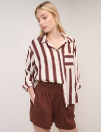 Brown Linen-Blend Elasticated Waist Shorts