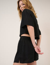Black Linen-Blend Elasticated Waist Shorts