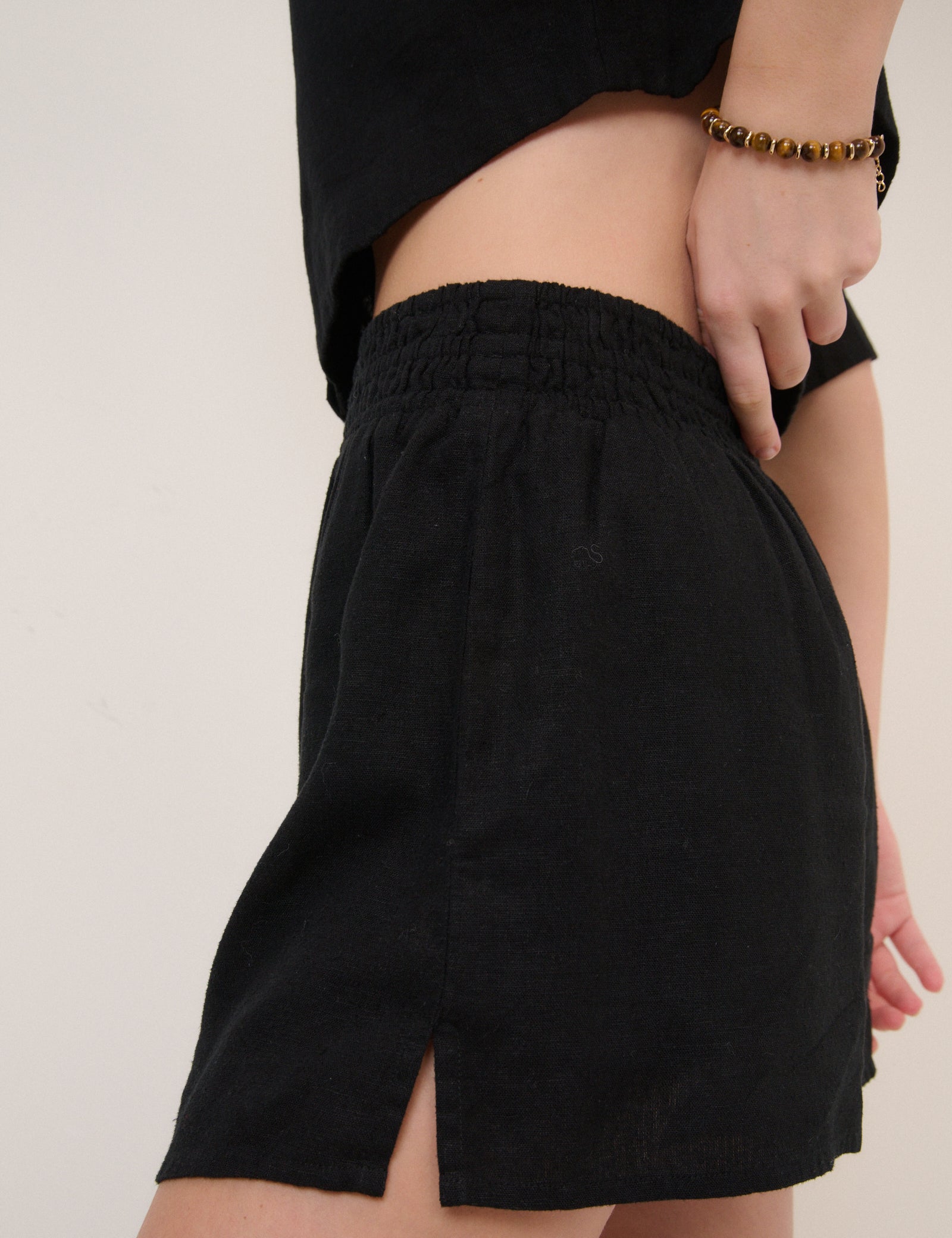 Black Linen-Blend Elasticated Waist Shorts