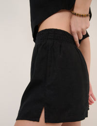 Black Linen-Blend Elasticated Waist Shorts