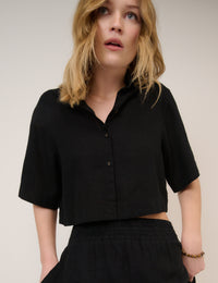 Black Linen-Blend Elasticated Waist Shorts