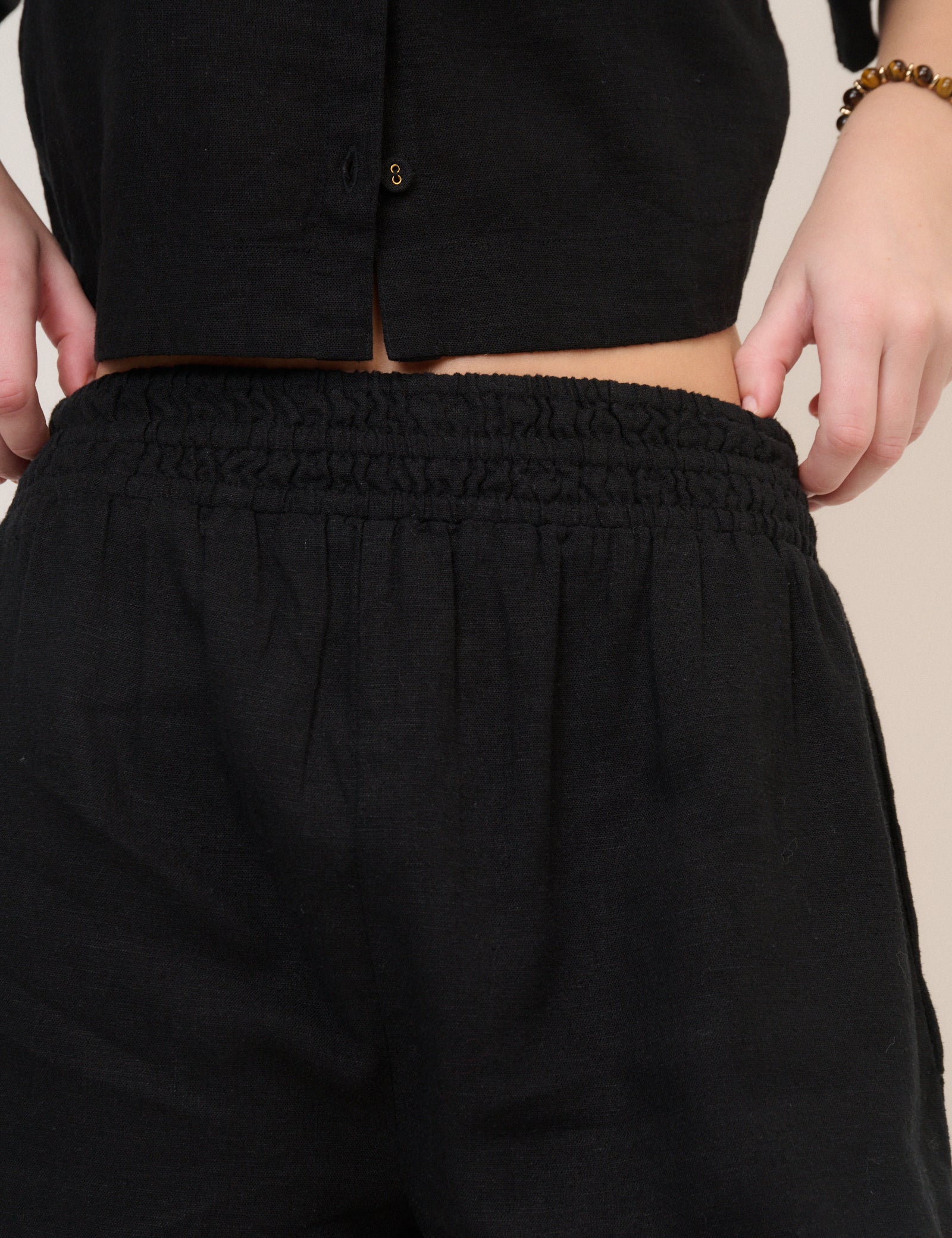 Black Linen-Blend Elasticated Waist Shorts