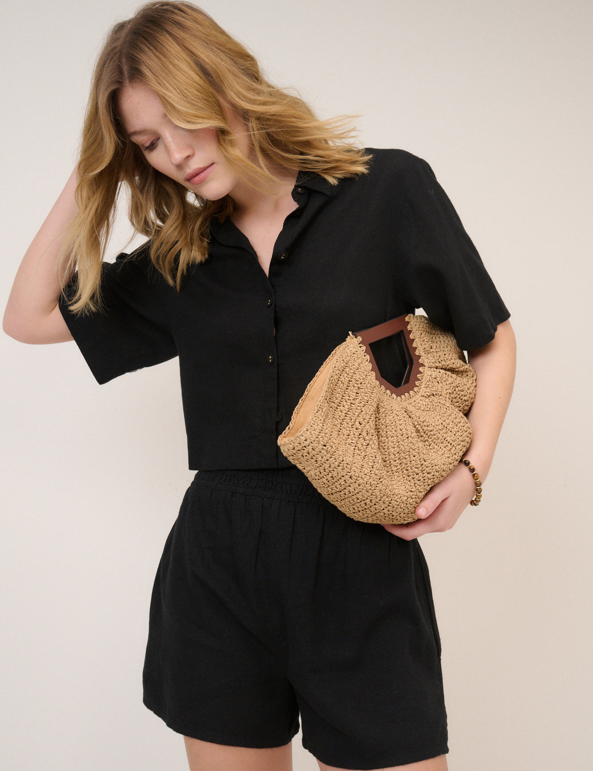 Black Linen-Blend Elasticated Waist Shorts
