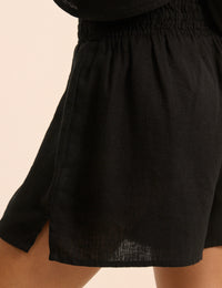 Black Linen-Blend Elasticated Waist Shorts