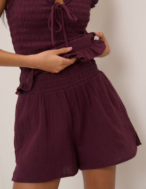 Plum Linen-Blend Elasticated Waist Shorts