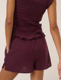 Plum Linen-Blend Elasticated Waist Shorts