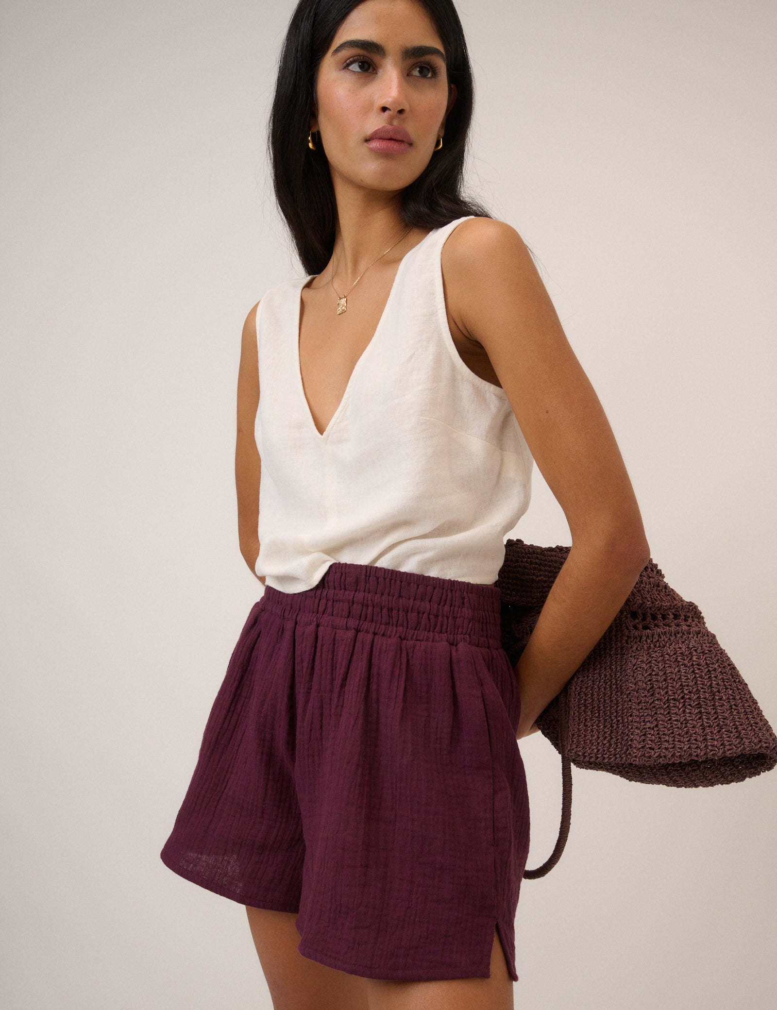 Plum Linen-Blend Elasticated Waist Shorts