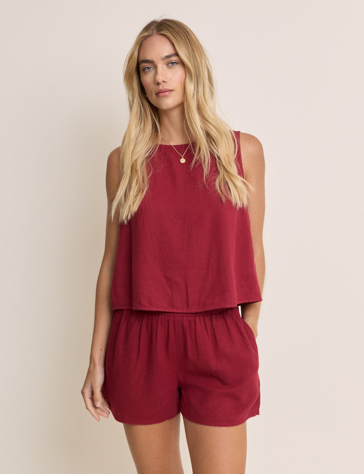 Red Linen-Blend Elasticated Waist Shorts