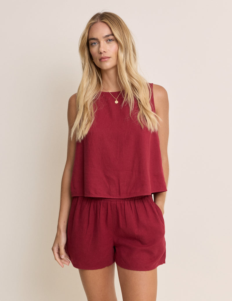 Red Linen-Blend Elasticated Waist Shorts