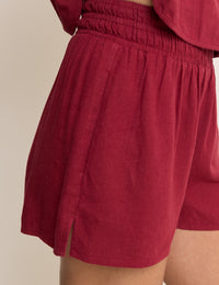 Red Linen-Blend Elasticated Waist Shorts