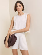 White Linen-Blend Elasticated Waist Shorts