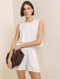 White Linen-Blend Elasticated Waist Shorts