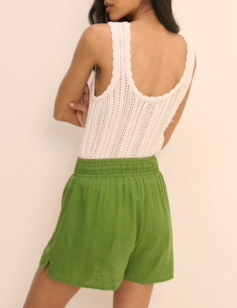 Green Linen-Blend Elasticated Shorts