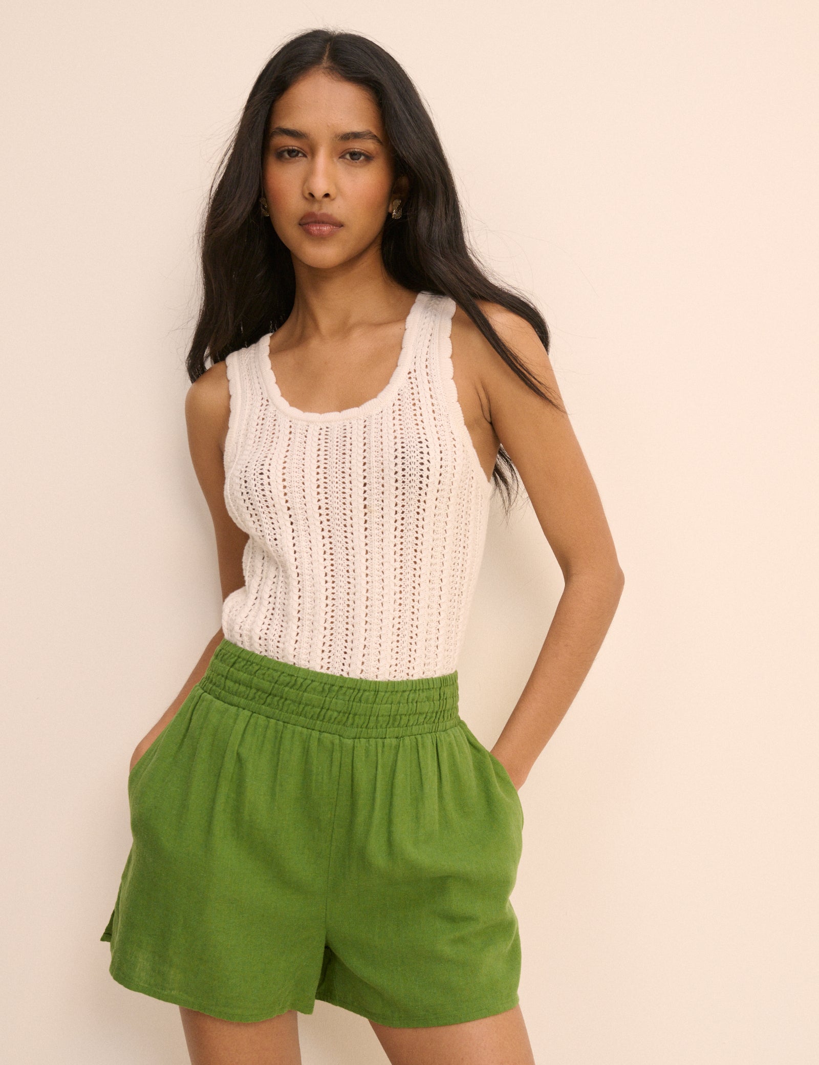 Green Linen-Blend Elasticated Shorts