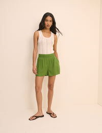 Green Linen-Blend Elasticated Shorts
