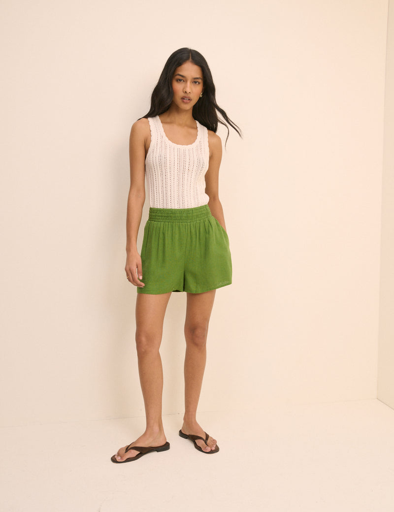 Green Linen-Blend Elasticated Shorts