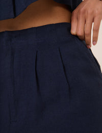 Navy Linen-Blend Shorts