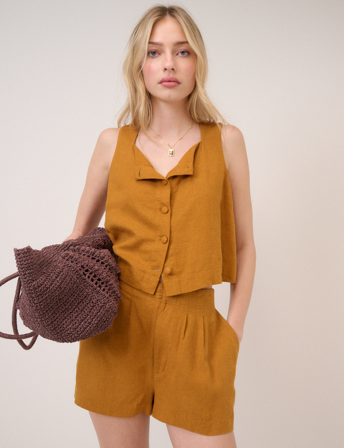 Orange Linen-Blend Shorts