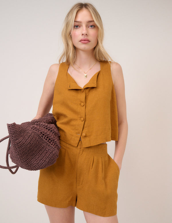 Orange Linen-Blend Shorts