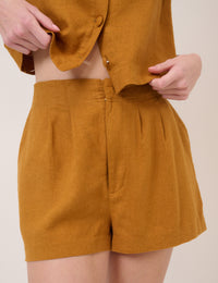 Orange Linen-Blend Shorts
