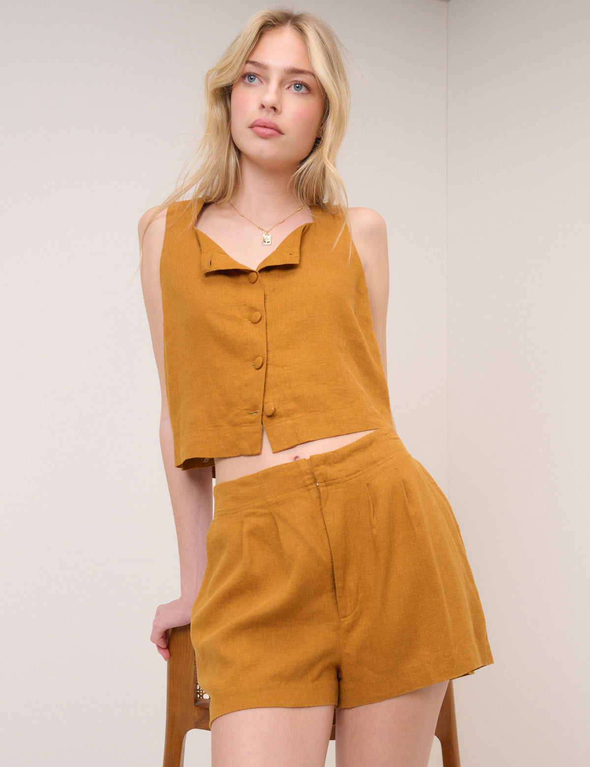 Orange Linen-Blend Shorts