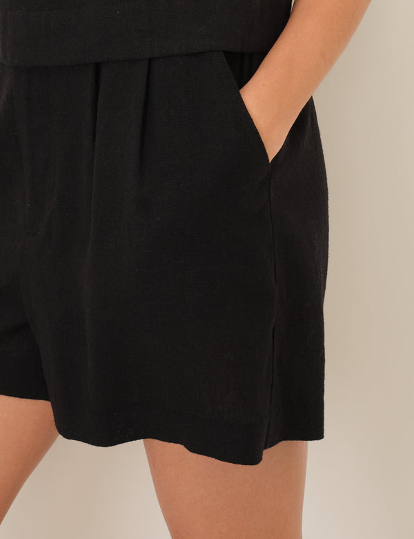 Black Linen-Blend Shorts