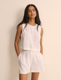 White Linen-Blend Ruched Spencer Tank