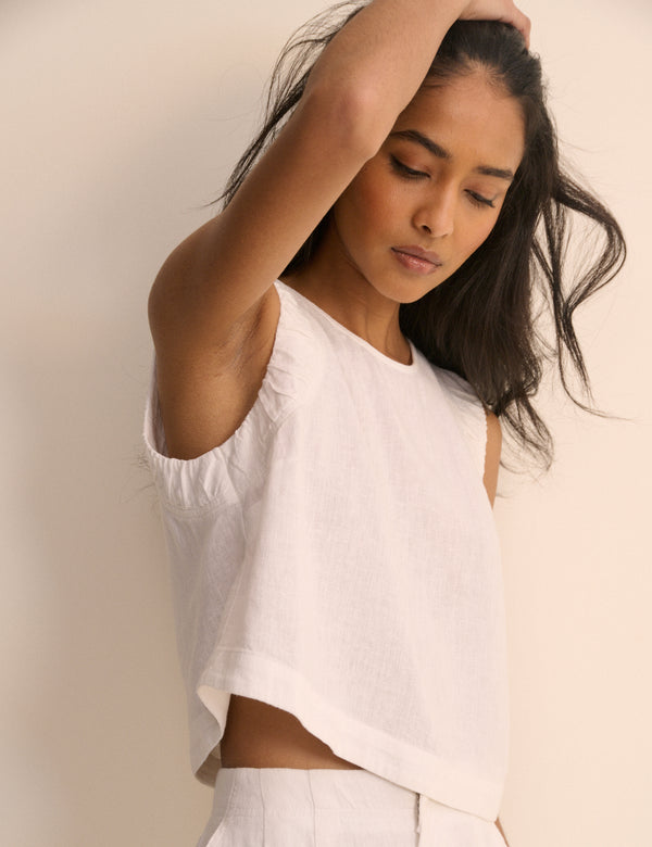 White Linen-Blend Ruched Spencer Tank
