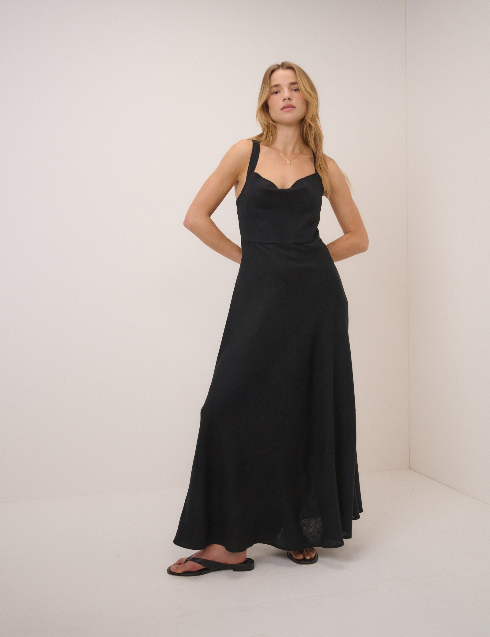 Black Linen-Blend Dana Midi Dress Black Linen-Blend Dana Midi Dress